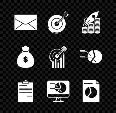 Zarf Hedef Roketi 'ni bozuk paraların büyüme grafikleri üzerinde grafik para çantası ve simgesiyle bilgisayar monitörüne ayarlayın. Vektör.