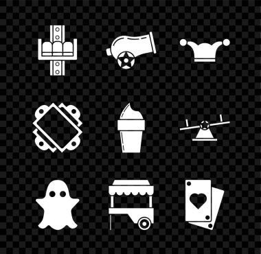 Cazibe Atlıkarınca Jester şapkasını, Hayalet Fast sokak yemek arabası güneşlik, kart bileti ve dondurma külahı ikonu ile ayarla. Vektör.