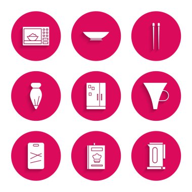 Buzdolabı Yemek Kitabı Kettle 'ı Huni filtresi filtresi ile dekore etmek için yemek çubukları ve mikrodalga fırın ikonu hazırlayın. Vektör.