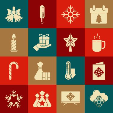 Karlı Noel kartpostalı ile Cloud 'u hazırla. Kahve fincanı kar tanesi hediye kutusu elinde. Mum yakma, mum yakma, neşeli zil ve yıldız ikonu. Vektör.