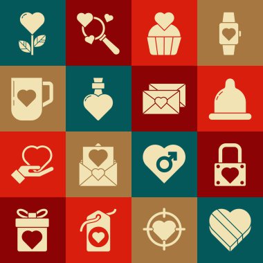 Candy 'yi kalp şeklinde bir kutuya koy. Kondom Düğün pastası. Yanında şişe aşk iksiri, kahve fincanı ve sevgililer günü ikonu olsun. Vektör.