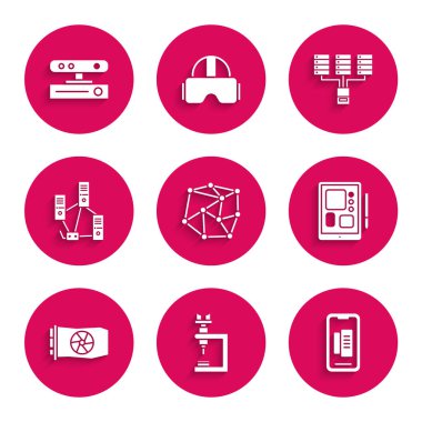 Sinirsel ağ Microscope akıllı telefon cep telefonu grafiksel tablet tablet bilgisayar sunucusu veri sunucusu web sunucu ve hareket algılayıcı simgesini ayarla. Vektör.