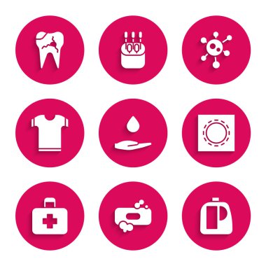 Temizlik elemanı prezervatif paketi, ilk yardım çantası virüsü ve kırık diş ikonu için deterjan çubuğuyla ellerini yıka. Vektör.