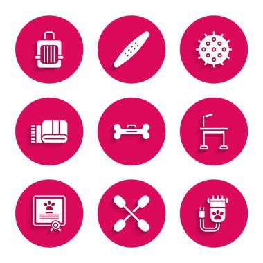 Kulaklar için köpek kemiği pamuğundan örnek alın. Saç kırpma, evcil hayvan bakım masası kedisi sertifikası, köpek havlusu, tenis topu ve çanta ikonu taşıyın. Vektör.