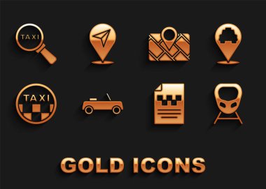 Araç konumunu taksi, yüksek hızlı tren, sürücü ehliyeti, çatı, GPS, cam ve ikon ile ayarla. Vektör.