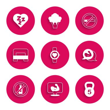 Akıllı saat vücut geliştiren kas ağırlığını ayarla. Alkol yok. Büyük yatak, sigara içme ve uykulu ikon. Vektör.