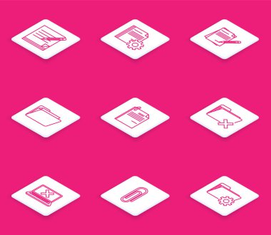 Silgi Belgesi ayarları ile boş not defteri ve kalem ayarları dizin dosya kağıt raptiyesi ekranda Laptop çapraz işaretini ve Kağıt simgesini sil. Vektör.