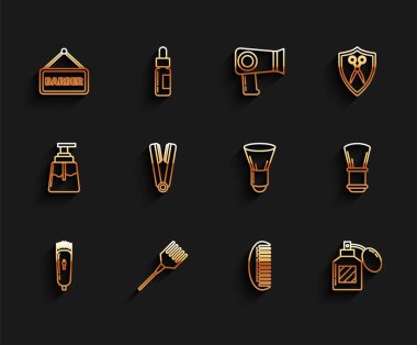 Tıraş makinesi ya da tıraş fırçası berber tıraş losyonu saç maşası, tıraş makinesi ve ikon için saç maşası. Vektör.