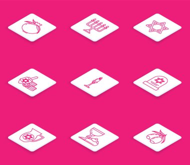 Pomegranate Hanuka menorah David dreidel Yıldızı ve Tombstone 'da yıldız David Decanter ve Yahudi kadehi sufganiyot ikonu ile yanan mum mumları yerleştirin. Vektör.