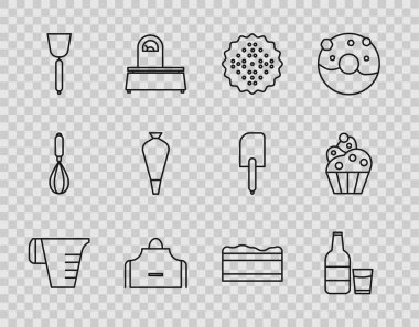 Brownie çikolatası ve Cupcake ikonu için Cracker bisküvisi apron Spatula Pastası çantasıyla ölçü kabı şişesini ayarla. Vektör.