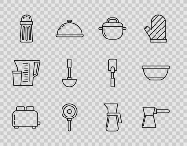 Kızarmış ekmek kızartma makinesi, Türk usulü tava pişirme, Tuz Mutfağı, kepçe ölçme kabı ve bowling ikonu. Vektör.