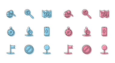 Infographic şehir haritası navigasyon Pusula ve Arama konumu simgesine ait bayraklı bayraklı damga işaretli silueti ile Bayrak Durağı işareti büyüteç işaretini ayarlayın. Vektör.