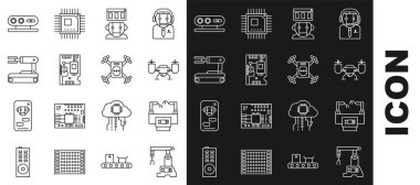 Robot Robot Elektronik bilgisayar bileşenleri ile uçan Hat Assembly hattı ana kart 3D tarama sistemi ve simgesi ayarlayın. Vektör.