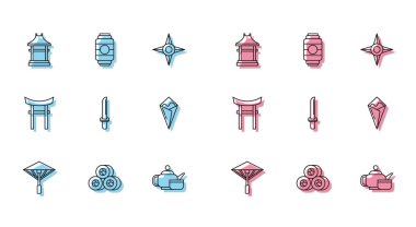 Güneş Suşi Kapısı çay seremonisi Katana Temaki rulosu ve kağıt fener ikonu. Vektör.