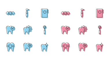 Diş telli Dişleri ayarla Şeker beyazlatma konsepti tedavi prosedürü Diş Denetim aynası ve matkap simgesi. Vektör.
