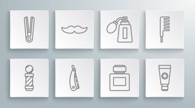 Klasik berber dükkânı direği bıyıklı, tıraş losyonu losyonlu, atom fırçası ve saç ikonu olarak da saç maşası. Vektör.