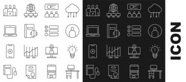 Satır bilgisayar monitörünü ve masa lambasını fikir kavramına göre ayarla hesap ekranı oluşturma sunumu ses kitabı sunumunu Çevrimiçi sınıf ve görev listesi simgesi olarak ayarla. Vektör.