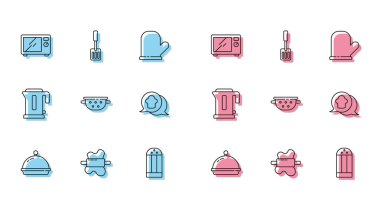 Hattı hamurun üzerine yuvarlanan yemek tepsisiyle kaplayın mikrodalga fırın tuzlu mutfak süzgeci aşçı şapkası konuşma balonu elektrik ısıtıcısı ve Spatula ikonu. Vektör.