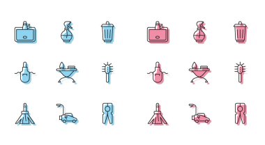 Sıralı süpürge sapı çim biçme makinesi çamaşır leğeni giysileri ütü tahtası tuvalet fırçası önlüğü ve su spreyi ikonu. Vektör.