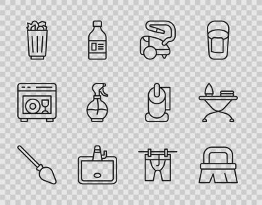 Elektrikli süpürge fırçası fırçasıyla temizlik yapın. Çöp tenekesi. Çöp tenekesi. Su şişesi, kurutma giysileri ve ütü masası ikonu. Vektör.