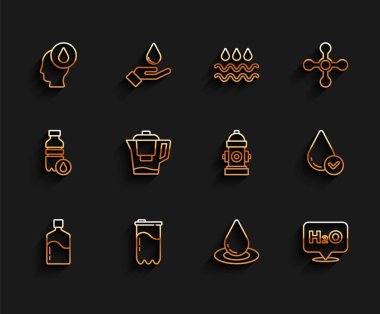 H2O sürahi ve yangın musluğu ikonu için Büyük şişe ve temiz su filtresi atılacak kimyasal formülü ayarlayın. Vektör.