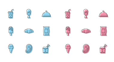 Dondurmayı waffle külahına koyun Biftek Kağıt bardakta saman Asya eriştesi ve çubuk kruvasan poşeti veya patates cipsi ve tavuk budu ikonu ile birlikte. Vektör.