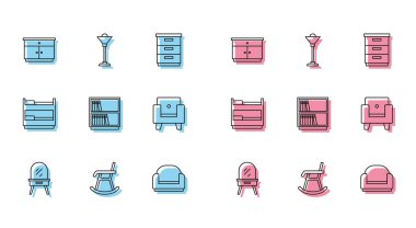 Giyinme masası Koltuğu Mobilya Kütüphanesi komodininin rafı ranza ve yer lambası ikonunu ayarla. Vektör.