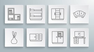 Vase Bunk Yatağı Çekmece Sandığı TV sehpası kanepe ve rafta kitap ikonu. Vektör.