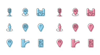 Hat, Cafe ve restoran konumu trafik işaretleri trafik ışığı trafik ışığı harita navigasyonu helikopter iniş pisti bilinmeyen güzergah noktası konumu kişi ve ev simgesi. Vektör.