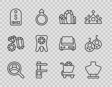 Elmas nişan yüzüğü kolye mankeni mücevher taşı Calliper ya da kalibre ve dolar dişli elmas mücevher alışverişi ve küpe ikonu ile fiyat etiketi ayarla. Vektör.