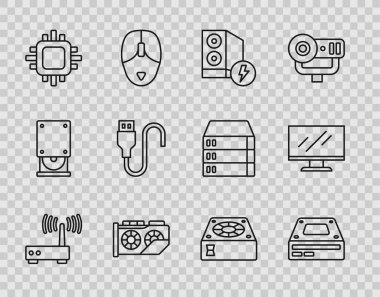 Hat Router ve wi-fi sinyal Optik disk sürücü Case of computer Video grafik kart işlemcisi CPU USB kablo kablosu bilgisayar soğutucusu ve ekran simgesi ile ayarlayın. Vektör.