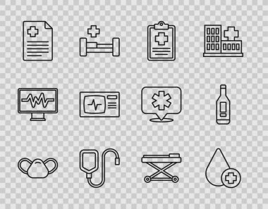 Tıbbi koruyucu maskeyi ayarla. Kan düşür. Hasta kaydı. Kan torbası monitörü, kardiyogram sedye ve dijital termometre ikonu. Vektör.