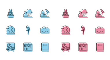 Flaş Haber Notebook Mikrofon Fotoğraf Kamerası Dünya ve Hava Durumu ikonu 'nu ayarla. Vektör.