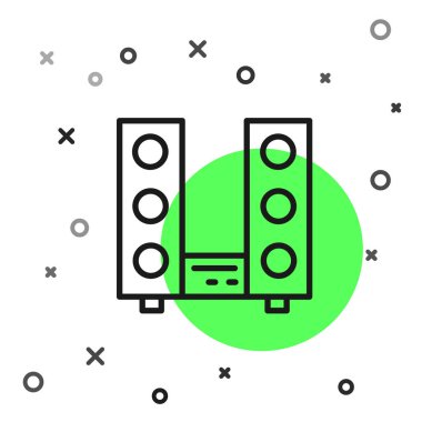 Beyaz zemin üzerinde iki hoparlör simgesi olan siyah çizgi ev teybi. Müzik sistemi. Vektör.