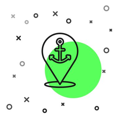 Beyaz zemin üzerinde çapa simgesi olan siyah çizgi haritası işaretçisi. Vektör.