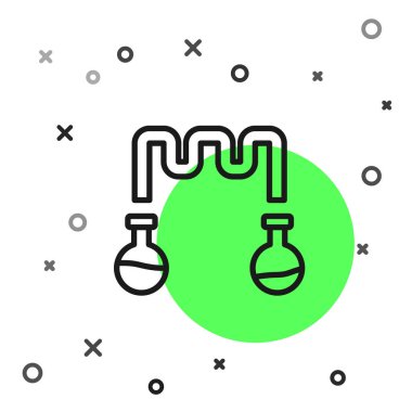 Siyah çizgi test tüpü ve matarası. Beyaz arka planda izole edilmiş kimyasal laboratuvar ikonu. Sıvı transfer sistemi. Laboratuvar cam levhası. Vektör.