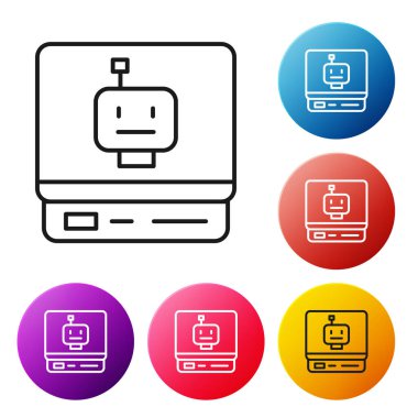 Siyah çizgi robot simgesi beyaz arkaplanda izole edildi. Yapay zeka, makine öğrenme, bulut hesaplama. Renkli daire düğmelerini ayarlayın. Vektör.
