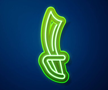Parlayan neon hattı Korsan kılıcı simgesi mavi arkaplanda izole edildi. Kılıç işareti. Vektör.