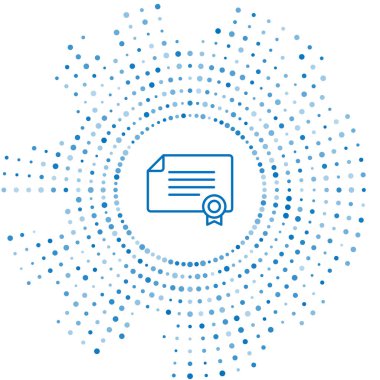 Mavi çizgi sertifika şablon simgesi beyaz arkaplanda izole edildi. Başarı, ödül, diploma, burs, diploma kavramları. Soyut çember rastgele noktalar. Vektör.