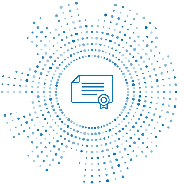 Mavi çizgi sertifika şablon simgesi beyaz arkaplanda izole edildi. Başarı, ödül, diploma, burs, diploma kavramları. Soyut çember rastgele noktalar. Vektör.