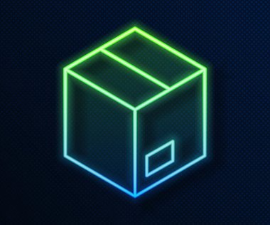 Parlayan neon çizgi karton kutu simgesi mavi arkaplanda izole edildi. Kutu, paket, paket işareti. Teslimat ve ambalaj. Vektör.