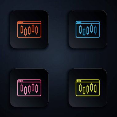 Borsa büyüme grafikleri ve kara fon üzerinde izole edilmiş para simgesiyle renkli neon hattı Browser. Ekranda ok grafikleri olan bir monitör. Kare düğmelere simgeleri yerleştir. Vektör.
