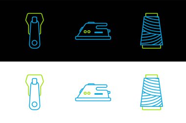 Dikiş ipliğini makaranın fermuarına ve elektrikli demir ikonuna yerleştir. Vektör.