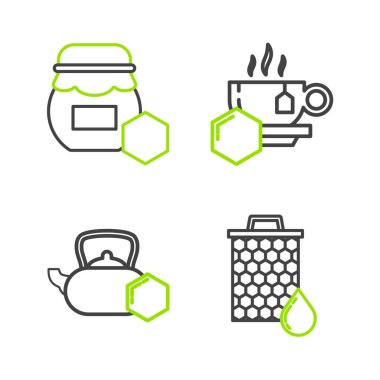 Ballı çaydanlık, çay ve kavanoz ikonlu olsun. Vektör.