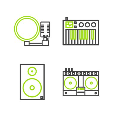 Müzik hoparlörü, müzik sentezleyicisi ve mikrofon simgesini çalmak ve karıştırmak için DJ 'i ayarlayın. Vektör.
