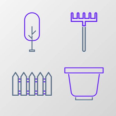 Çiçek saksısı bahçe çitleri ahşap tırmık ve ağaç ikonu. Vektör.