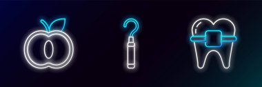 Diş telli dişler Apple ve diş macunu pulu ikonu için ayarla. Parlayan neon. Vektör.