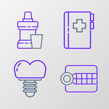 Takma dişler model diş macunu panosu, diş kartı ve ağız gargarası plastik şişe ikonu. Vektör.