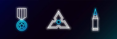 Kurşun Askeri Ödül Madalyası ve Japon Ninja Shuriken ikonu. Parlayan neon. Vektör.