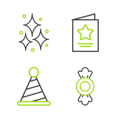 Candy Party 'nin şapka tebrik kartı ve havai fişek simgesini ayarla. Vektör.